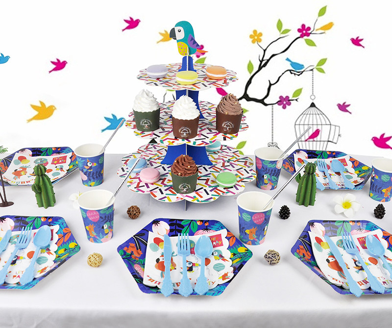鹦鹉儿童生日派对装饰用品鹦鹉主题一次性餐具套装纸盘纸杯纸巾