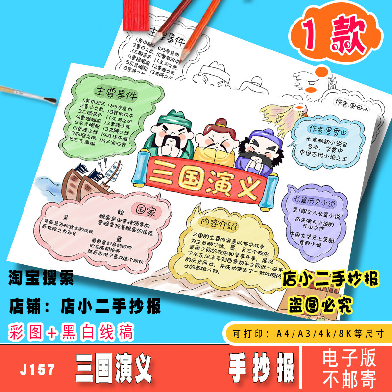 三国演义思维导图手抄报模板电子版课外读书四大名著人物线稿A4A3