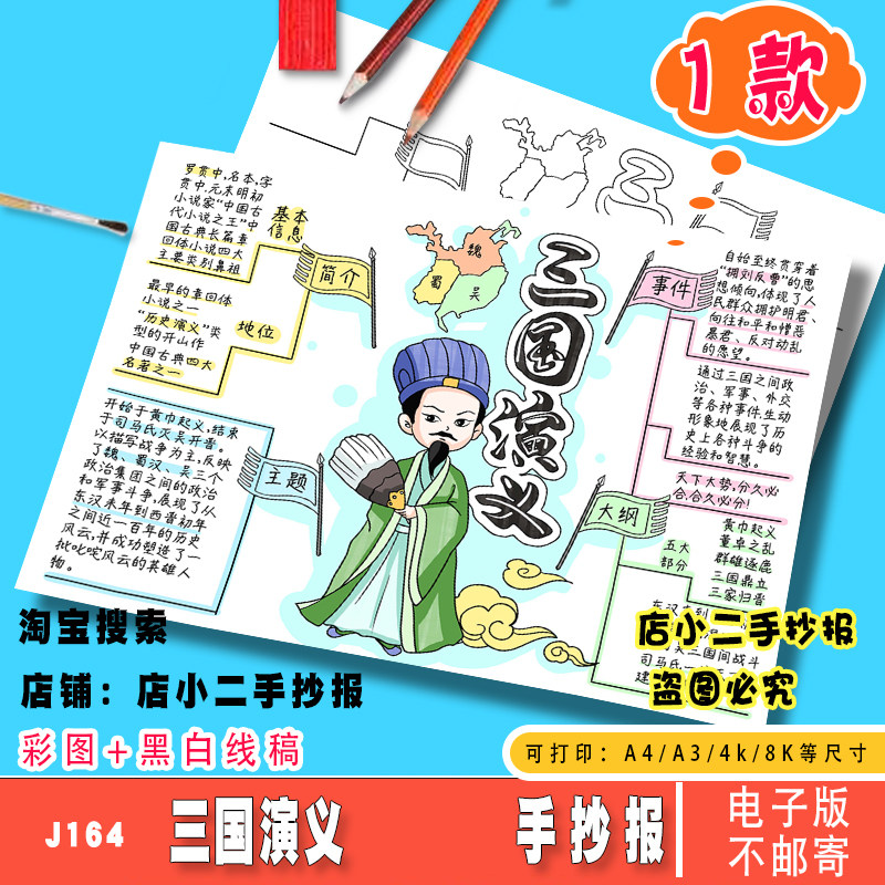 三国演义思维导图手抄报模版电子版小学生四大名著读书卡线稿小报