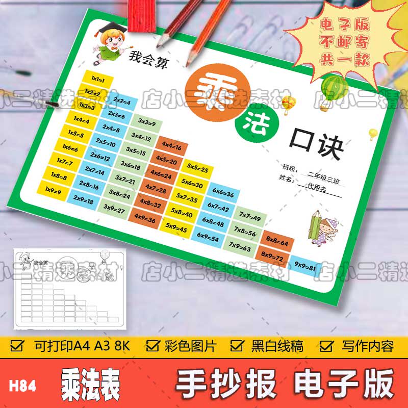 乘法口诀表手抄报模板电子版小学生数学九九乘法口诀表手抄报线稿