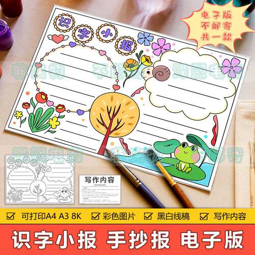 识字小报手抄报模板电子版小学生趣味语文汉字识字知识学习手抄报