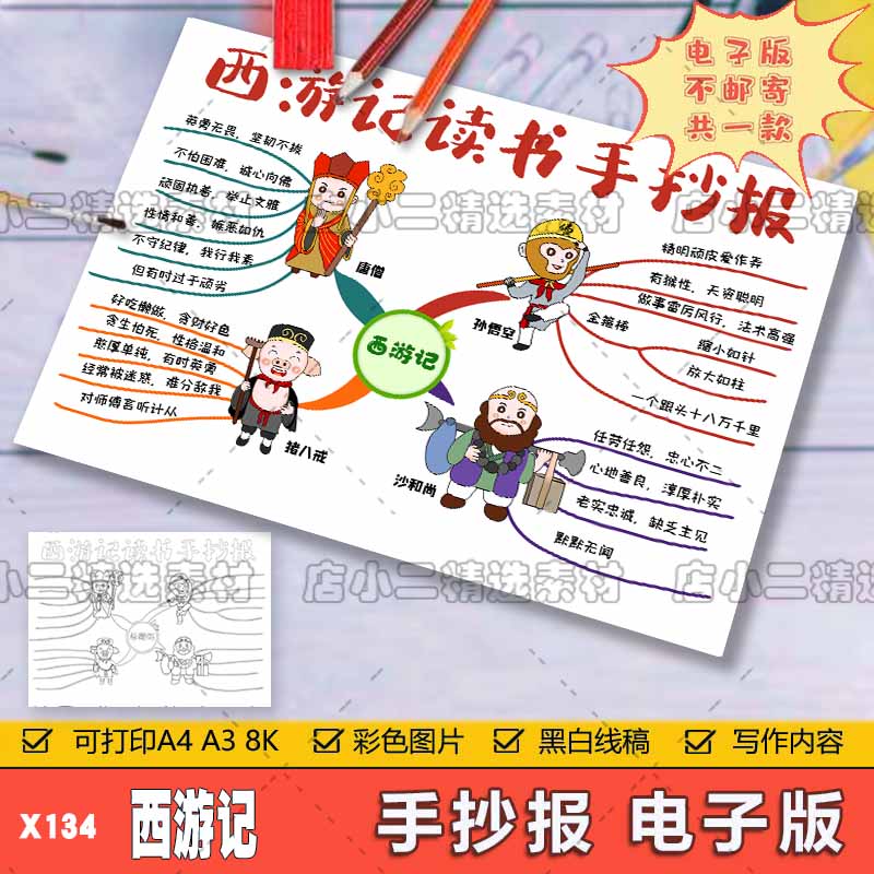 西游记思维导图手抄报模板电子版小学生四大名著手抄报线稿A3A48K