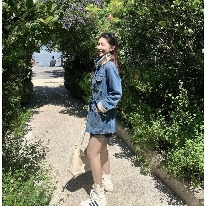 高级感满满！设计感老钱拼布撞色显瘦宽松牛仔中长款绑带收腰外套