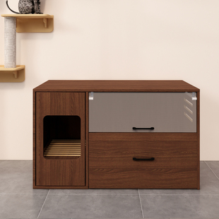 实木猫砂柜走廊式防带砂猫厕所隐藏抽拉猫砂盆一体柜阳台猫柜定制