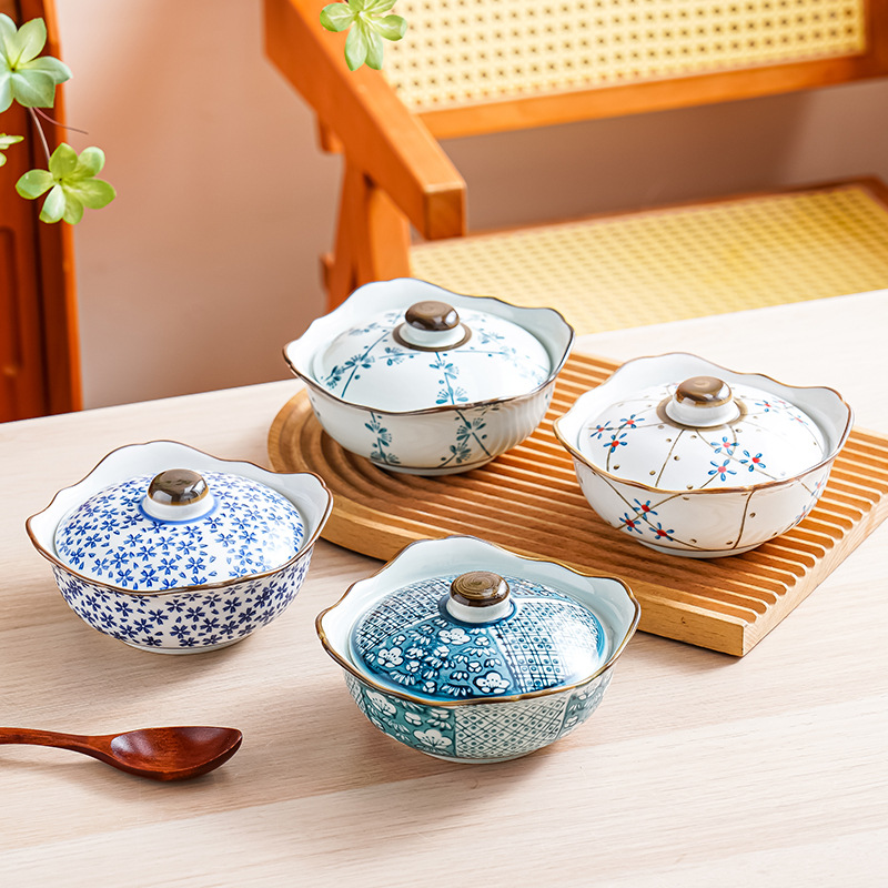 景德:镇汝窑手绘蒸蛋器皿家用带盖陶瓷盛饭碗餐具甜品汤碗隔水炖