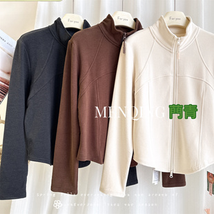 门青女士秋冬糯米小蛮腰外套修身 上衣D325WT160 磨绒中厚拉链开衫