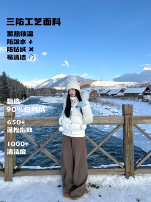 ‘雪花刺绣90羽绒服’AMER 美式冬季短款雪人拉链连帽收腰羽绒服