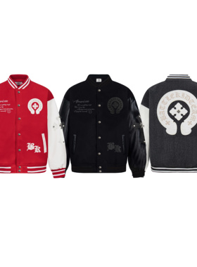 AMER 国潮美式复古街头嘻哈大标贴布绣饰品撞钉撞色棒球服外套