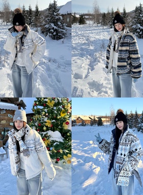 AMER ‘雪花费尔岛双面穿’ 国潮小狗可爱雪花费尔岛棉服