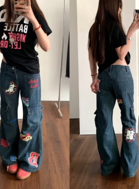 AMER  国潮美式复古蓝涂鸦微喇工装休闲裤潮流