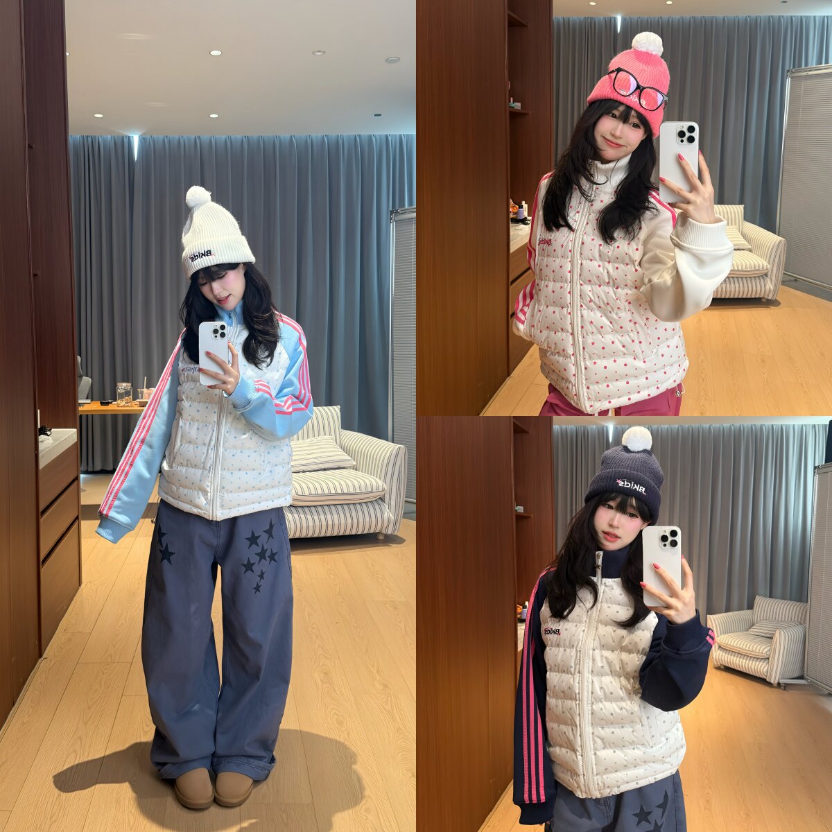 AMER美式拼色插肩波点立领轻薄棉服拼接100侧边撞色条纹拉链外套