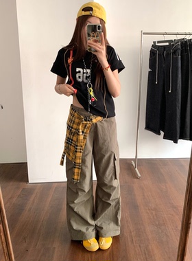 AMER 格子腰包撞色伞兵速干面料美式复古工装休闲裤