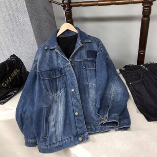 大码牛仔外套女中长款加绒加厚bf风宽松美式秋冬季爆款上衣工装潮