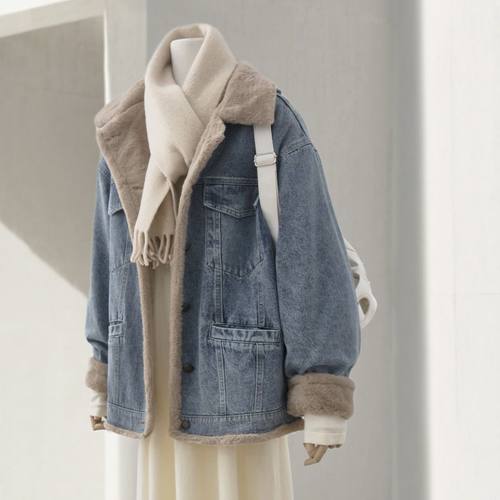 加绒秋冬季仿兔毛牛仔外套
