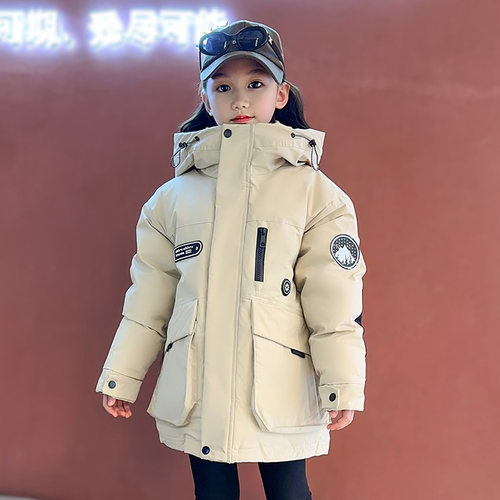 工装中长款运动儿童羽绒服加厚白鸭绒保暖外套童装中长款女亲子装