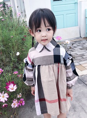 纯棉女童花边翻领长袖连衣裙