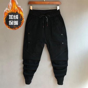 23冬季男士加绒加厚牛仔裤潮流弹力束脚裤黑色个性纽扣小脚哈伦裤
