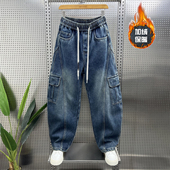 宽松直筒痞帅潮流弯刀裤 加绒加厚大口袋工装 新款 男2025冬季 牛仔裤