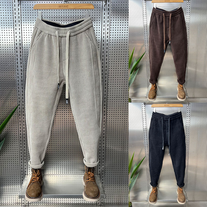 冬季新款加绒加厚宽条条绒休闲裤男士潮流拼接痞帅小脚运动裤卫裤