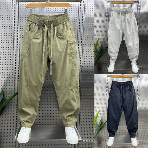 夏季新款透气速干工装休闲裤男士宽松直筒阔腿裤痞帅哈伦弯刀裤子