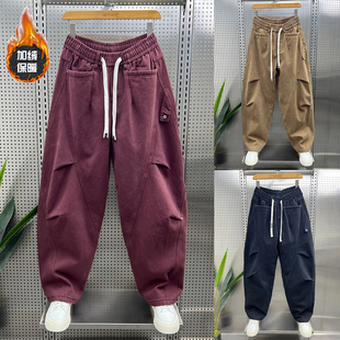 冬季新款加绒工装裤男款2025冬季新款宽松直筒褶皱拼接加长弯刀裤