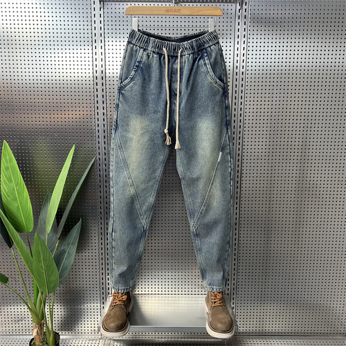 冬季复古水洗加绒牛仔裤男潮牌宽松哈伦裤加厚松紧腰百搭直筒长裤