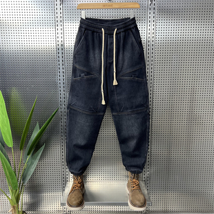 小脚百搭长裤 冬季 多口袋弹力哈伦裤 男个性 潮流宽松加绒加厚牛仔裤