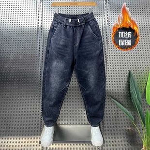 宽松小脚哈伦裤 加绒加厚弹力水洗牛仔裤 秋冬季 子痞帅新款 潮牌男裤
