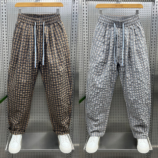 男潮牌宽松直筒痞帅阔腿裤 轻薄透气泡泡纱格子休闲裤 新款 2025夏季