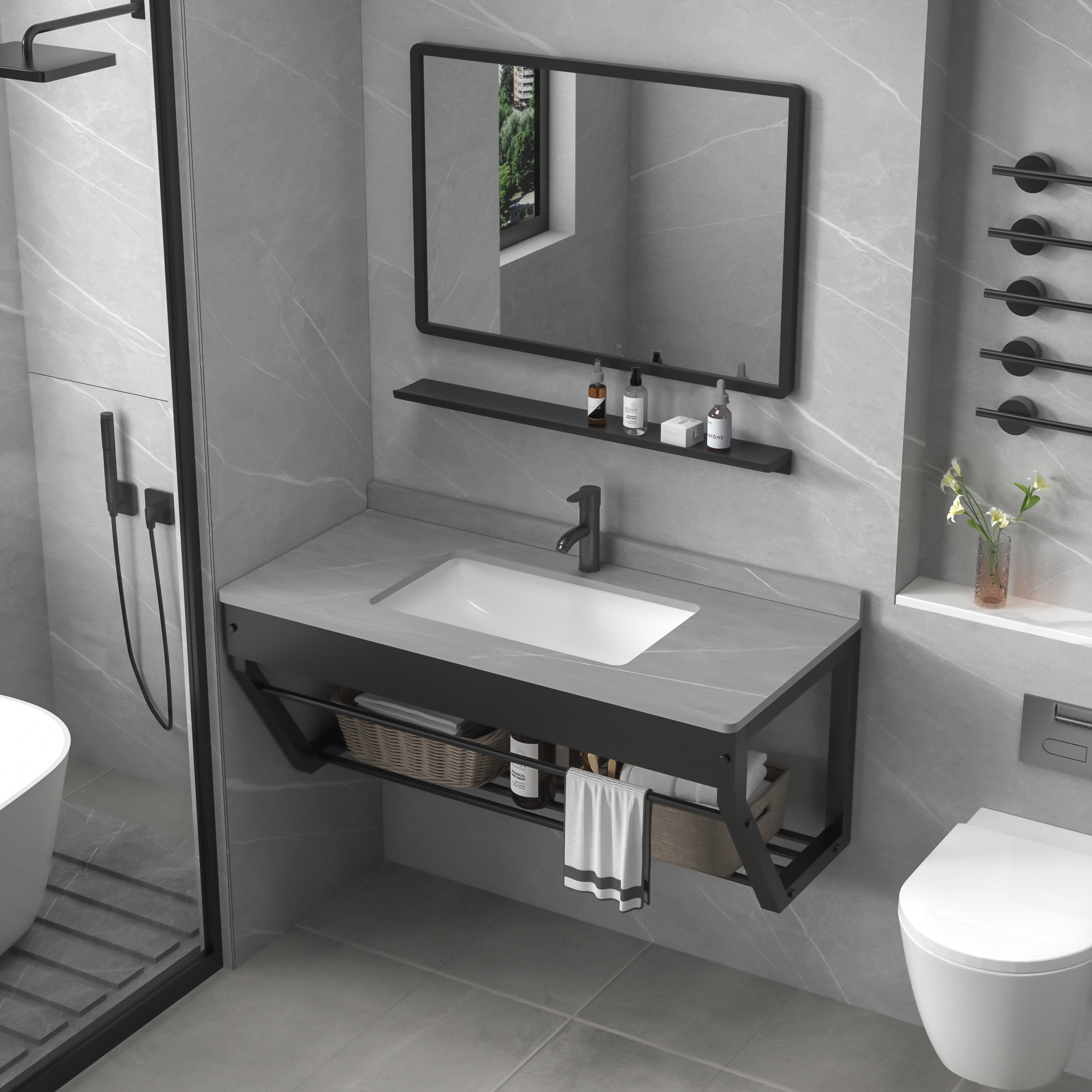 支架盆挂墙式岩板台面洗脸盆