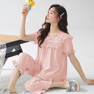 少女睡衣女春秋纯棉可爱短袖 甜美公主风花边韩版 全棉夏家居服套装