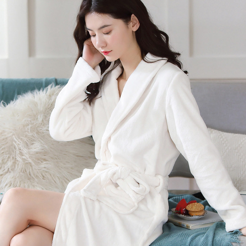 韩版睡衣女秋冬季法兰绒纯白色情侣加厚性感珊瑚绒加长款睡袍浴袍