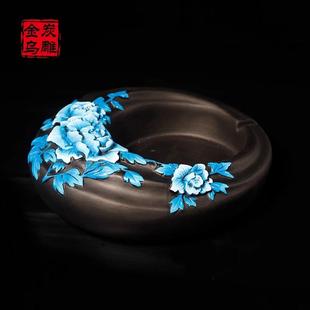 金乌炭雕花好月圆烟灰缸客厅办公室茶几桌高档摆件送老板朋友礼品