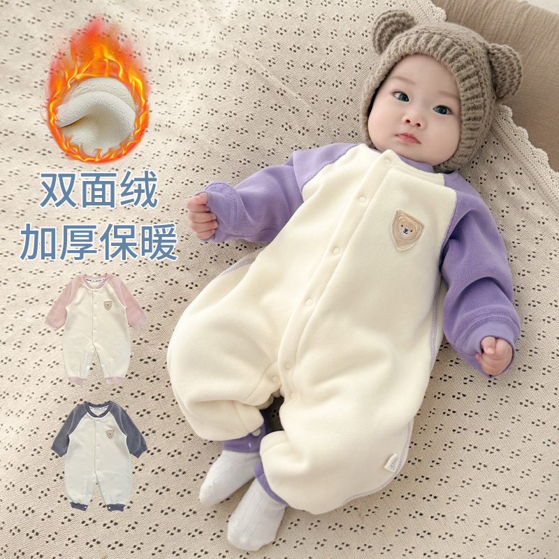 一体绒婴儿连体衣加厚保暖爬服