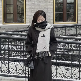 2026新款双面羊绒围巾女100纯羊毛披肩两用秋冬季围脖黑灰色