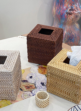 北欧法式藤条编织方形纸巾盒收纳托盘复古原木风居家民宿装饰摆件