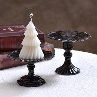复古法式欧式古堡风黑色高脚玻璃托盘香薰蜡烛托盘桌面装饰品摆件