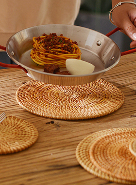 越南藤编垫木质茶具防烫隔热套装