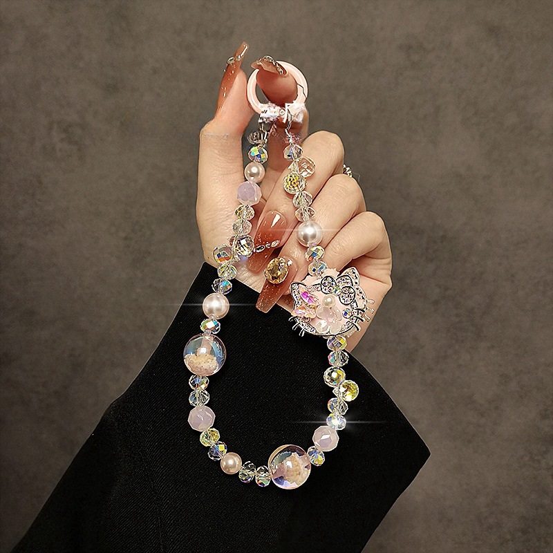 奢华高级感梦幻水晶串珠手机链可爱卡通猫咪手提链条挂饰手机挂绳