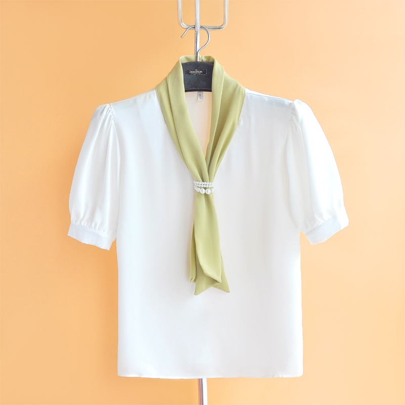 雪纺衫女夏季衬衫韩版2024新款飘逸领带V领上衣时尚短袖职业衬衣