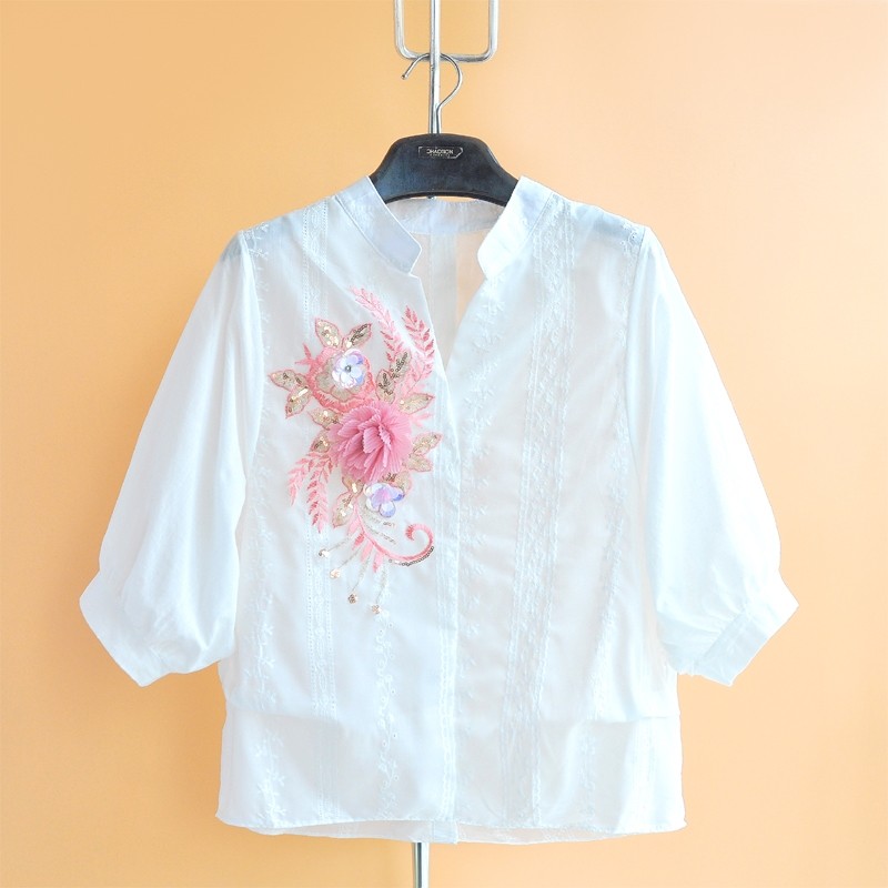 韩版民族女士衬衫2024夏季新款扎花刺绣复古休闲纯棉衬衣宽松上衣