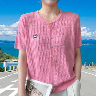韩版 针织衫 2025新款 宽松麻花圆领短袖 外套 女百搭休闲开衫 上衣薄款