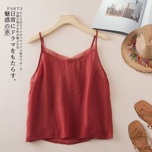 苎麻小吊带背心女夏季欧根纱拼接气质v领百搭打底衫内搭无袖上衣