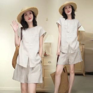 时尚 女士亚麻短裤 新款 2025夏季 减龄休闲显瘦松弛感穿搭两件套 套装