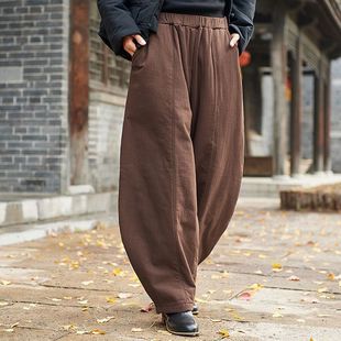 复古冬季棉裤加厚民族风阔腿夹棉文艺灯笼裤女加绒保暖棉麻长裤女