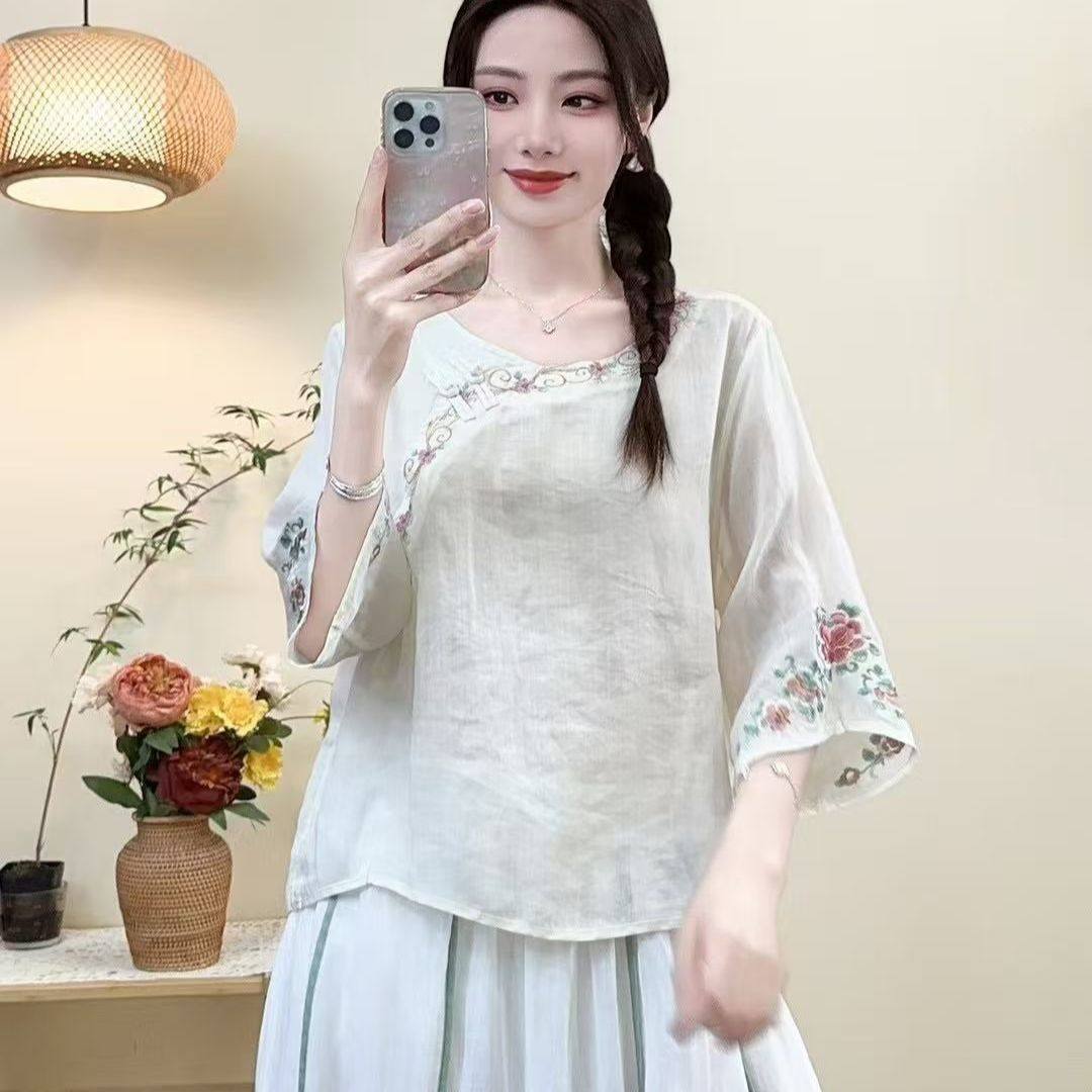 中国风棉麻绣花衬衫女春夏新款七分袖宽松文艺复古民族风茶服上衣,女装/女士精品,衬衫,淘宝优惠券,粉丝福利购,淘宝优惠卷