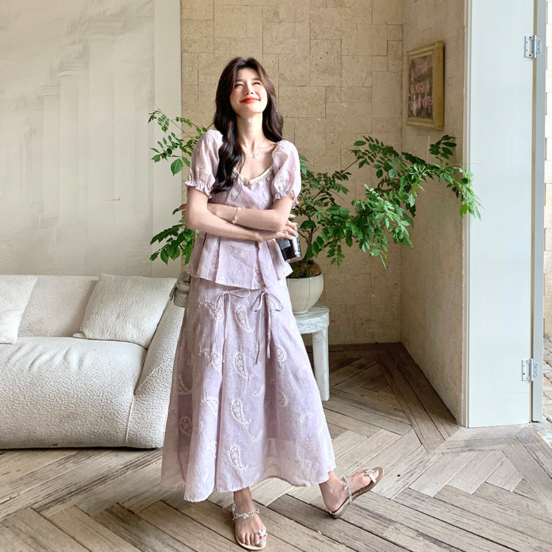 甜美浅紫色刺绣泡泡袖套装裙女夏季巨好看绝美漂亮半身裙两件套,女装套装/套裙,2C007