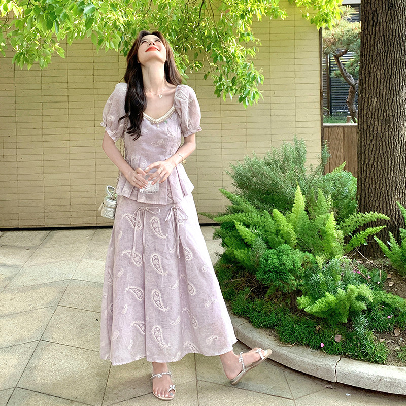 甜美浅紫色刺绣泡泡袖套装裙女夏季巨好看绝美漂亮半身裙两件套,女装套装/套裙,2C007