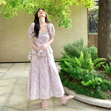 甜美浅紫色刺绣泡泡袖套装裙女夏季巨好看绝美漂亮半身裙两件套，女装套装/套裙，2C007