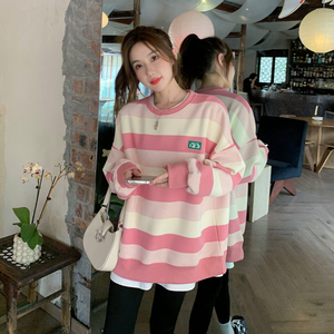 粉色条纹圆领套头卫衣女秋季2025新款小个子甜美洋气减龄休闲上衣图片